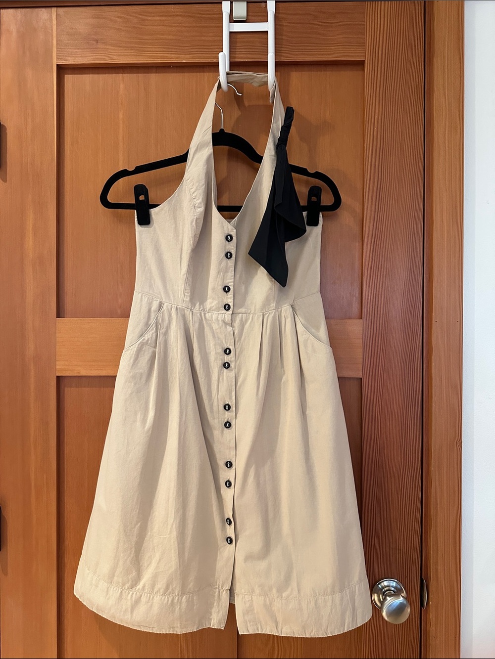 Maeve Khaki Halter Dress with Black Tie Detail